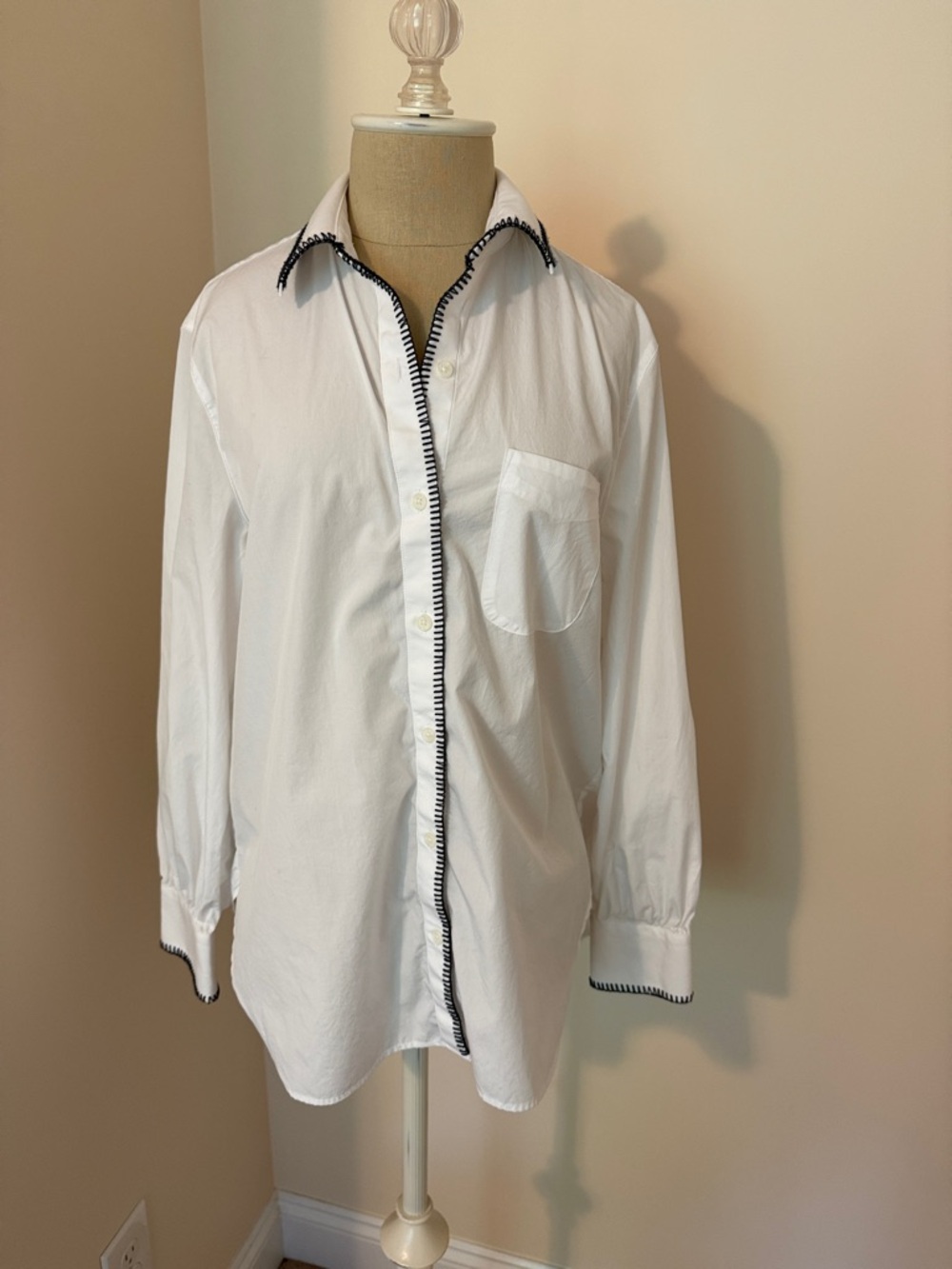 Classic White women’s Button-Up Shirt with Navy trim